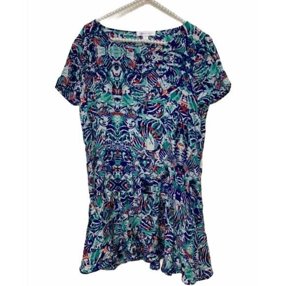 ​Amour Vert Silk Geometric Blue Green Ruffle‎ mini Dress - Picture 1 of 4